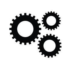 Three black cogwheels (gears) interlocking in a cluster on a white background. This vector icon symbolizes system processes, workflow, mechanics, settings, cooperation, engineering, technical solution