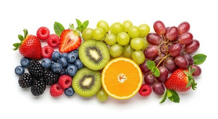 A vibrant assortment of fresh berries kiwi orange and grapes isolated on white background