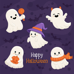set of cute halloween ghosts on purple background. Collection ghost in flat style. Vector illustration
