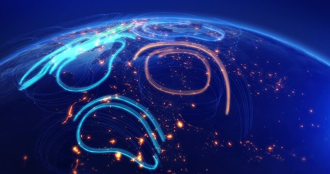 Planet Earth night view with animated technology optical fiber data flow. Technology related 3d animation. - Powered by Adobe