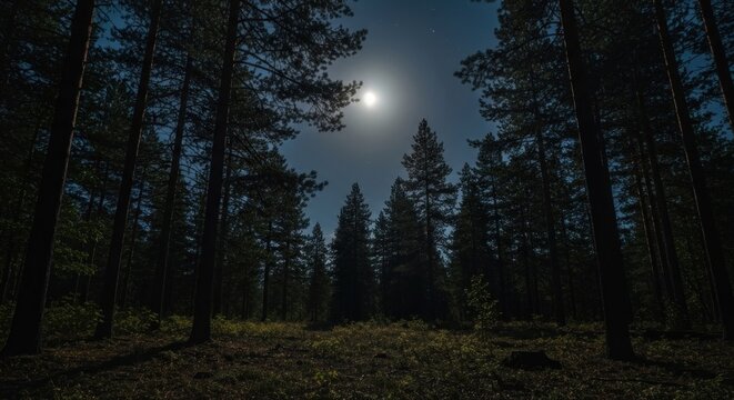 Full moon shining through dark forest canopy - Powered by Adobe