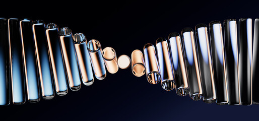 Plakat Neon glass spiral wave of translucent lines with gold blue gradient on black 3d background. Abstract dna structure for science technology design. Futuristic graphic render wallpaper. 3D illustration