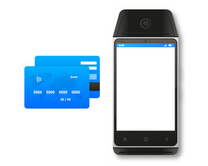 Realistic POS terminal with bank card. NFC technology contactless payment with credit card. Vector illustration.