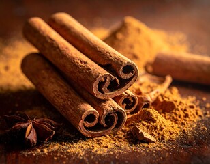 Close-up of cinnamon sticks with ground spice on wooden surface