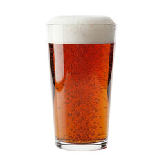 A full pint glass of dark amber ale with a frothy head.
