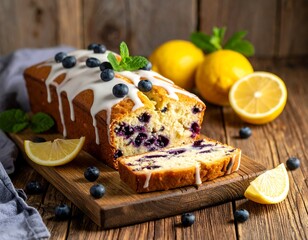 Close-up of baked loaf cake with glaze, blueberries, and lemons