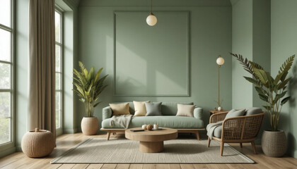 Serene living room with green color scheme features comfortable sofa, wicker chairs, and potted plants. Large windows allow natural light to fill space, enhancing tranquil atmosphere