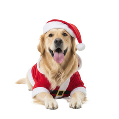 Golden Retriever in Santa Claus outfit festive holiday spirit Christmas joy.
