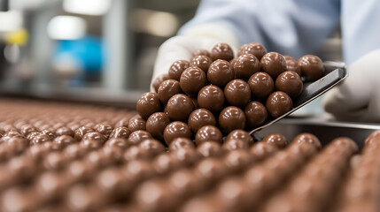 A cascade of deliciousness! Rows upon rows of shiny, brown, spherical candies line up on the factory conveyor belt, ready to be enjoyed by chocolate lovers everywhere.