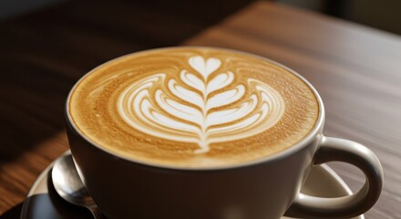 Latte art in a cup of coffee sits on a table.