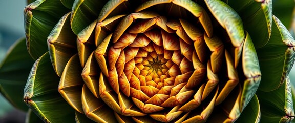 Intricate spiral arrangement of artichoke bracts revealing a Fibonacci sequence, background, fibonacci