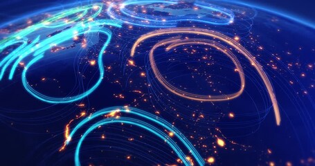 Fiber optic data flow covering surface of planet Earth. Technology related 3d animation. - Powered by Adobe