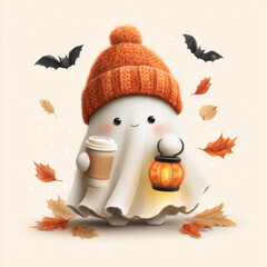 Cute ghost holding a coffee cup and lantern in autumn setting with bats and leaves during Halloween season