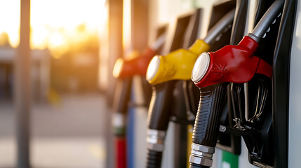 A row of colorful fuel dispensing nozzles stand ready to service vehicles at a station. The sun's warm glow sets a scene of daily life and energy demand in motion.