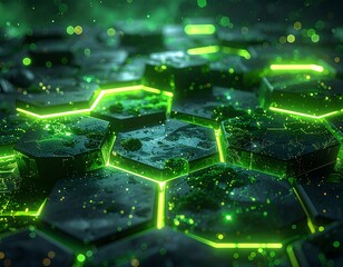 Close-up of glowing hexagonal cells with neon green light