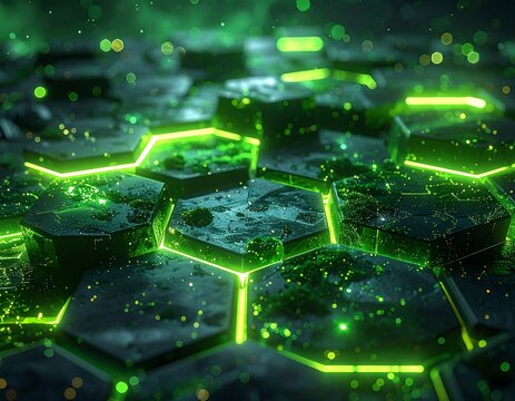 Close-up of glowing hexagonal cells with neon green light - Powered by Adobe