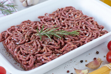 Vegan minced meat with rosemary and spices. Close-up.