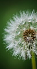 Fototapeta premium Delicate white dandelion seed head floats against a soft green backdrop.