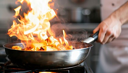 Dynamic action shot of a professional chef tossing fresh vegetables in a pan with flames behind
