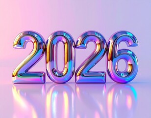 Futuristic chrome 2026 typography in iridescent gradient colors, minimal modern new year concept