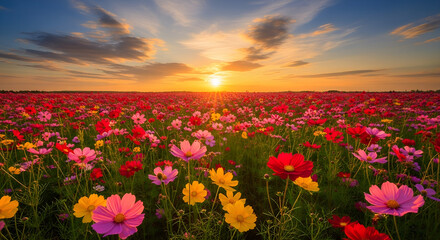 A breathtaking field of colorful wildflowers blooming under a vibrant sunset sky, golden sunlight illuminating petals of pink, red, purple, and yellow cosmos, soft clouds glowing with warm orange.
