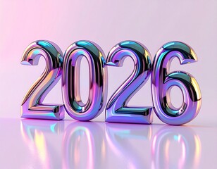 Futuristic chrome 2026 typography in iridescent gradient colors, minimal modern new year concept