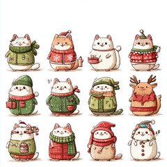 Cute cats in festive winter outfits celebrating the holiday season together in a cozy atmosphere