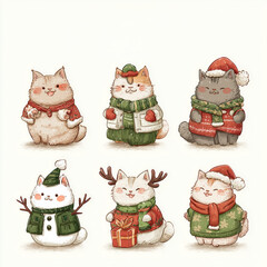 Cute cats celebrating the Christmas season with festive outfits and accessories in this cheerful holiday scene