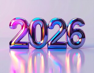 Futuristic chrome 2026 typography in iridescent gradient colors, minimal modern new year concept
