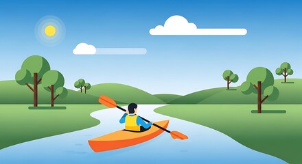 Kayaking serene river landscape.