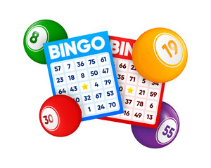 Lottery tickets. Lotto bingo cards with numbers, keno gambling. Colorful betting sheets with lucky numbers. Gaming industry and casino advertising. Vector Illustration.