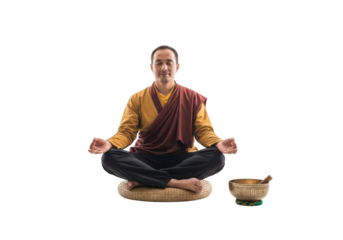 Meditating buddhist monk in lotus pose with singing bowl isolated on transparent background