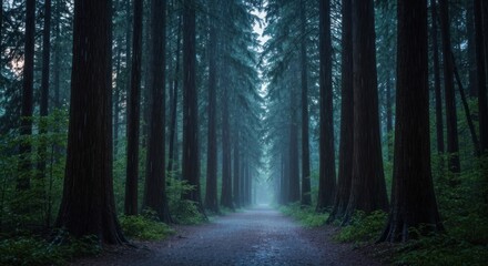 Fototapeta premium Misty forest path. Tall trees line a path, shrouded in a misty atmosphere