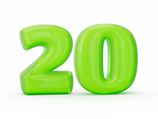 Vibrant green jelly-like 3D number 20 isolated on a clean white background. 3d illustration