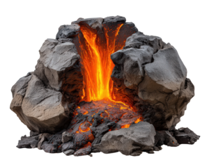 Intense model of volcanic rock with hot lava and magma core. This isolated object of molten stone shows powerful, glowing flow, conveying extreme heat and danger