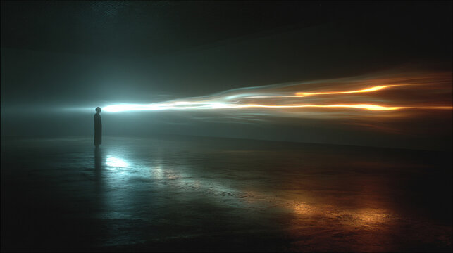 Hyperrealistic image of a blurred figure moving past a glowing light beam, symbolizing motion, speed, mystery, energy, and the ephemeral nature of human presence in dynamic environments.