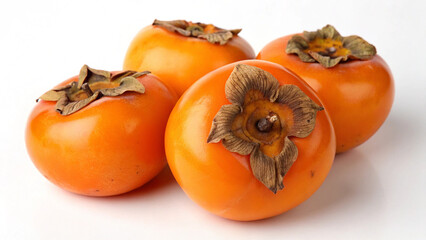 Four ripe persimmons isolated on white background, their smooth, vibrant orange skin contrasting beautifully, a symbol of autumns bounty and healthy eating