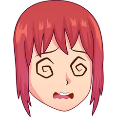 Pixel Art Anime Girl Face With Dizzy Swirl Eyes And Open Mouth Expression In Pink Hair And White Background Isolated