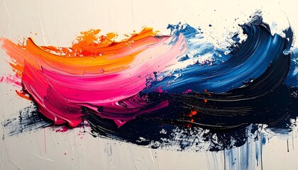 A vibrant abstract artwork showcasing bold, textured brushstrokes in a flowing, layered composition. Colors blend across a white background