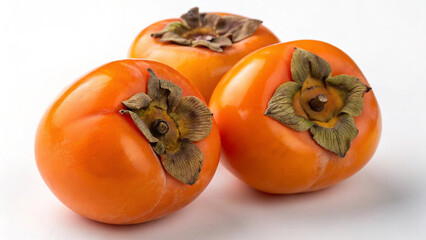 Three ripe persimmons isolated on white background, showcasing their vibrant orange color and smooth skin, a delicious and healthy autumn treat