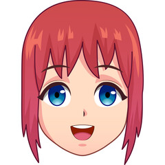 Pixel Art Anime Girl Face With Red Hair And Blue Eyes Smiling With Open Mouth And White Background