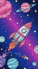 Cartoon rocket ship flies through a colorful galaxy filled with planets and stars.