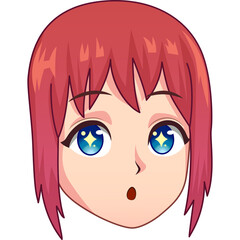 Pixel Art Anime Style Portrait of a Young Woman with Short Pink Hair and Sparkling Blue Eyes Expressing Surprise or Wonder on a Transparent Background