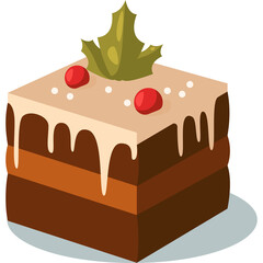 Pixel Art Chocolate Cake Slice with White Icing and Red Berries Topped with Green Leaf and White Sprinkles on a Light Grey Surface Festive Dessert Illustration