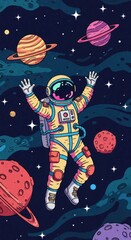 Astronaut floats joyfully amidst colorful planets and stars in outer space.