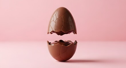 Cracked chocolate easter egg suspended mid air on a pink background