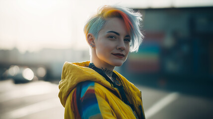 Vibrant realistic non-binary individual with stylish hair expressing confidence – inclusive beauty portrait celebrating gender diversity and creativity