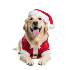 Golden Retriever dog dressed in Santa Claus costume for Christmas.