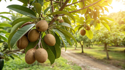 Sapodilla fruit on tree in garden with sunlight manilkara zapota is a longlived, evergreen tree native to southern mexico, central america and the caribbean