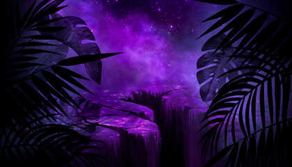 Fototapeta premium Silhouettes of tropical leaves against the background of a night landscape, abstract neon lights.